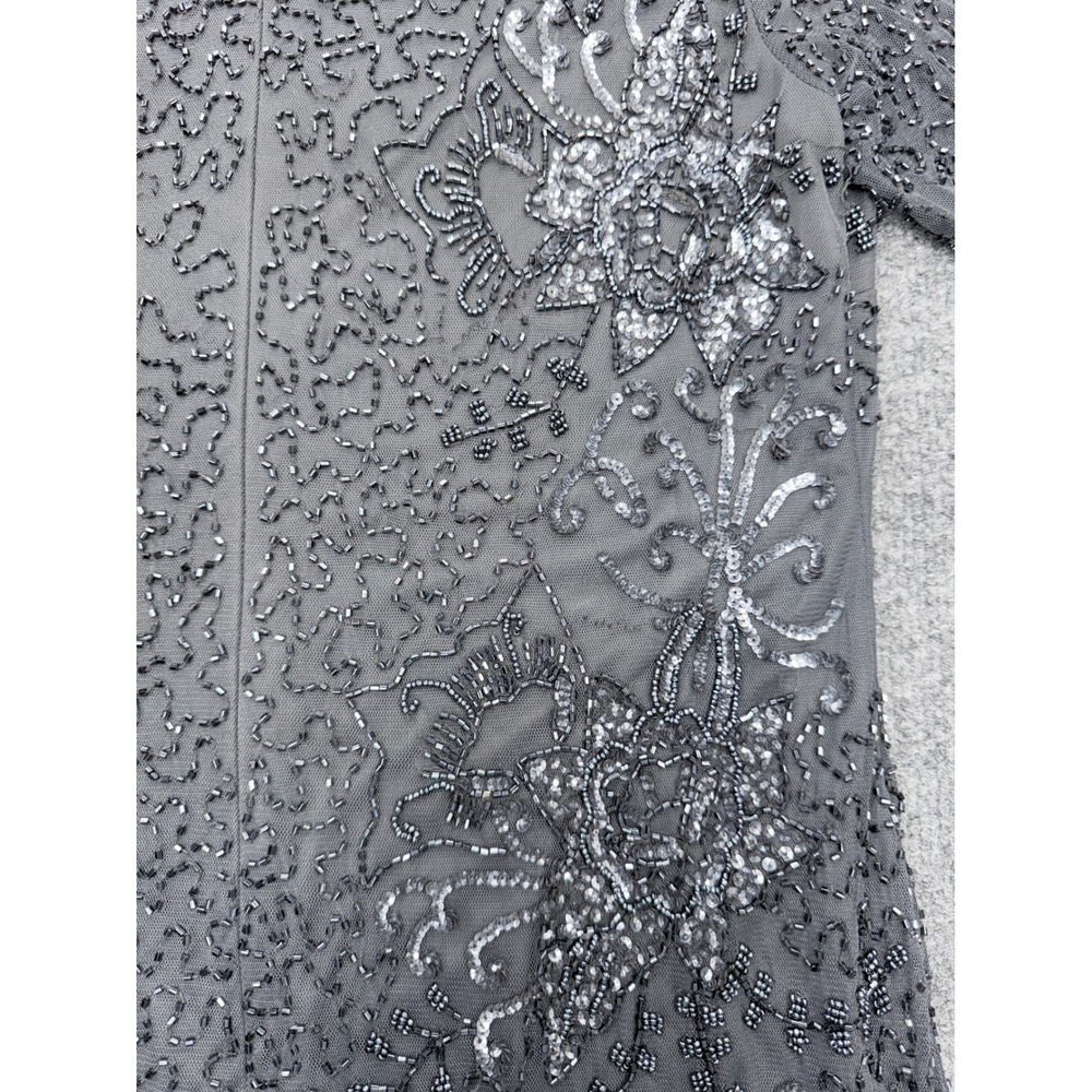 Pisarro‎ Nights Womens Size 12 Beaded Floral Mesh Dress Grey V-Neck 3/4 Sleeve - Picture 9 of 10